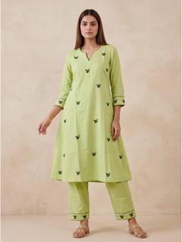 SAANTHA - Pista Green Cotton Embroidery Kurta With Pant