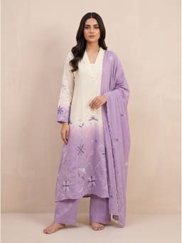 SAANTHA - Lavender Bloom Hand-Embroidered Cotton Kurta With Pant And Dupatta