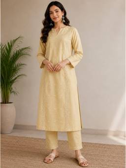SAANTHA - Tussar Embroidery Cream Kurta With Pant