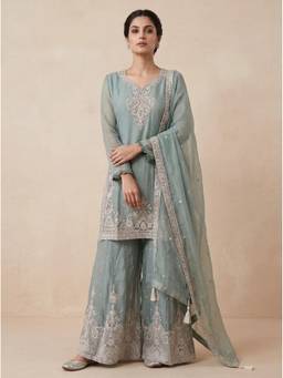 SAANTHA - Sea Green Silk Embroidery Kurta With Palazzo And Dupatta