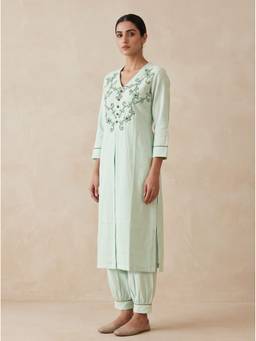 SAANTHA - Sea Green Cotton Hand Embroidery Kurta With Pant