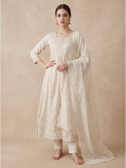 SAANTHA - White Cotton Silk Mirror Embroidery Anarkali With Pant And Dupatta