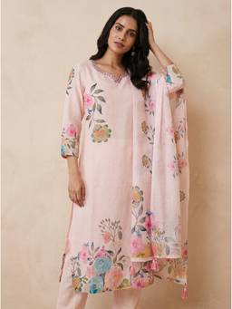 SAANTHA - Pink Cotton Printed Kurta With Pant