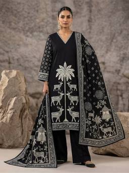 SAANTHA - Black Cotton Embroidery Kurta With Pant And Dupatta