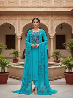 SAANTHA - Blue Silk Embroidery Kurta With Pant And Dupatta