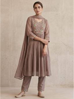 SAANTHA - Brown Cotton Silk Embroidery Kurta With Pant And Dupatta