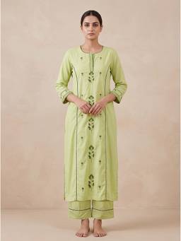 SAANTHA - Light Green Cotton Embroidery Kurta With Pant