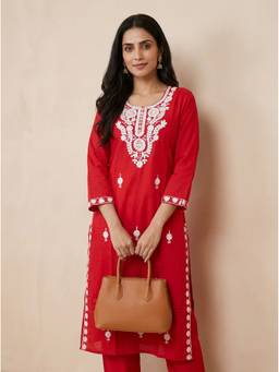 SAANTHA - Red Cotton Embroidery Kurta With Pant
