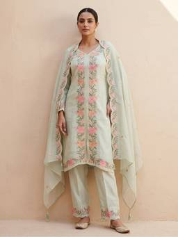 SAANTHA - Sea Green Silk Embroidery Kurta With Pant And Dupatta