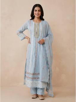 SAANTHA - Sky Blue Cotton Embroidery Kurta With Pant And Dupatta