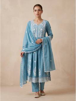 SAANTHA - Blue Cotton Embroidery Kurta With Pant And Dupatta