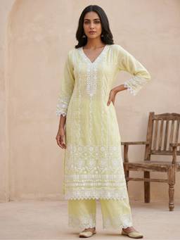 SAANTHA - Yellow Cotton Embroidery Kurta With Pant And Dupatta