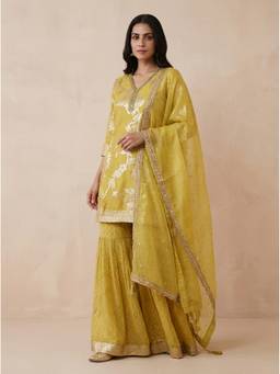 SAANTHA - Yellow Silk Embroidery Kurta With Sharara And Dupatta