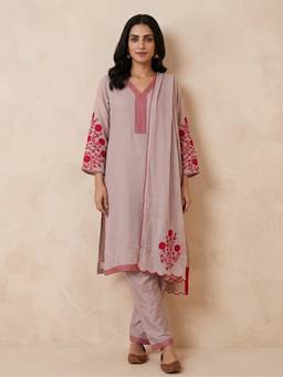 SAANTHA - Badami Silk Embroidery Beige Kurta With Pant And Dupatta