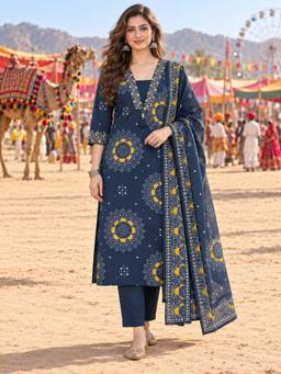BERRYLICIOUS - Blue Floral Motif Printed Straight Kurta with Pant and Dupatta