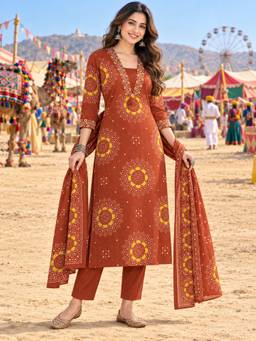 BERRYLICIOUS - Rust Floral Motif Printed Straight Kurta with Pant and Dupatta