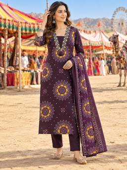 BERRYLICIOUS - Wine Floral Motif Printed Straight Kurta with Pant and Dupatta