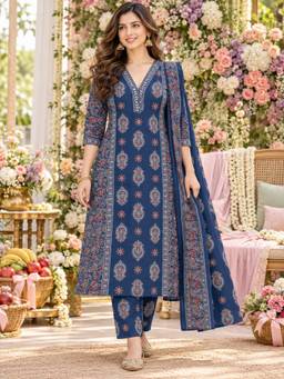 BERRYLICIOUS - Blue Ethnic Motif Printed Straight Kurta with Pant and Dupatta