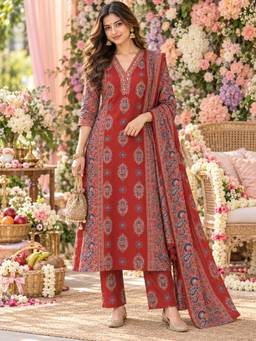 BERRYLICIOUS - Red Ethnic Motif Printed Straight Kurta with Pant and Dupatta