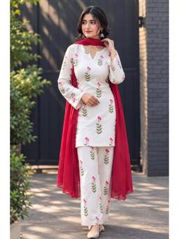 KAPLY - White Floral Printed Straight Kurta With Pant And Dupatta