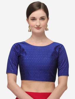 Amrutam Fab - Womens Jacquard Blue Stiched Blouse With Boat Neck