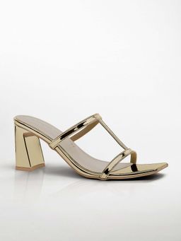 Signature Sole - Gold T-Strap Block Heel