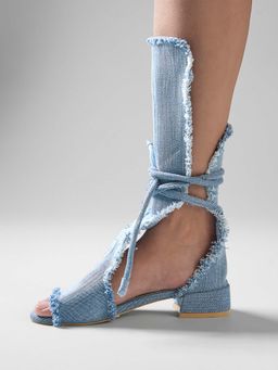 Signature Sole - Denim Frayed Lace-Up Block Sandal