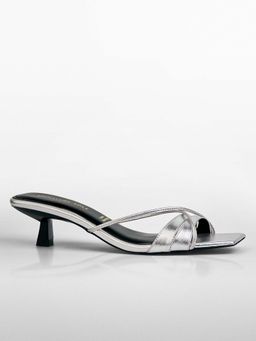Signature Sole - Silver Metallic Ankle Wrap Kitten Heel