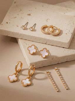 Accessorize London - Women's Pearl Clover Stud and Stone Hoop Earrings (Pack of 5)