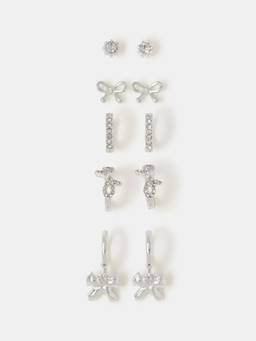 Accessorize London - Women's Bow Stud and Hoop Silver Earrings (Pack of 5)