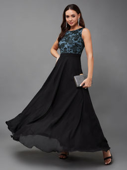 Miss Chase - Black & Blue Round Neck Sleeveless Georgette Floral Lace Maxi Dress