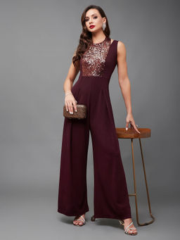 Miss Chase - Womens Wine Color Halter Neck Wide Leg Sequin Panelled Jumpsuit