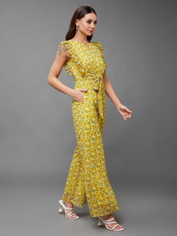Miss Chase - Womens Yellow Round Neck Floral Wide Leg Jumpsuit