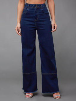 Miss Chase - Womens Navy Blue Wide Leg High Rise Stretchable Denim Jeans