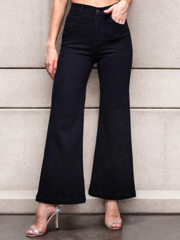 Miss Chase - Women's Black Wide Leg High Rise Regular-Length Stretchable Denim Jeans