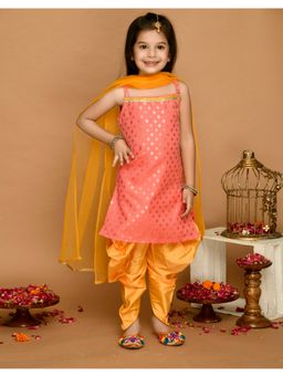 SAKA DESIGNS - Peach Gold And Mustard Kurta Dhoti With Lace Work And Mesh Dupatta