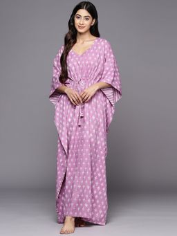 Libas - Lavender Cotton Floral Printed With Front Tie-Up Detail Kaftan