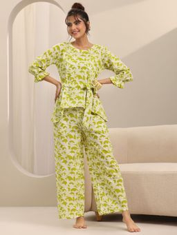 Libas - Green Floral Printed Top With Attached Belt And Pyjama (Set of 2)