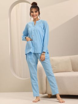 Libas - Blue Solid Pleated Shirt With Pocket And Pyjama (Set of 2)