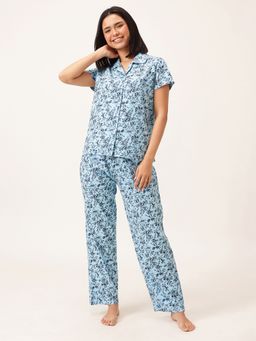 Clovia - Blue Cotton Printed Shirt and Pyjama (Set of 2)