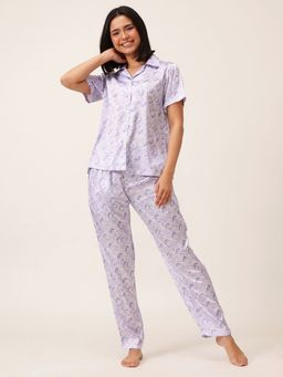 Clovia - Lavender Cotton Printed Shirt and Pyjama (Set of 2)