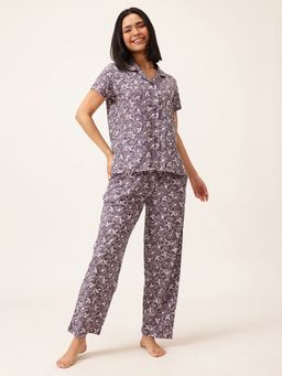 Clovia - Lavender Cotton Printed Shirt and Pyjama (Set of 2)