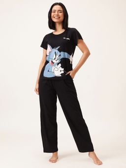 Clovia - Black Cotton Printed Top and Pyjama (Set of 2)