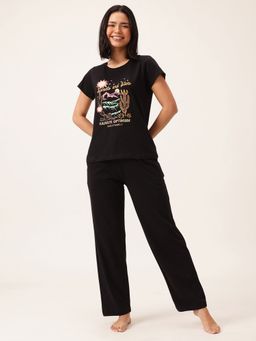 Clovia - Black Cotton Printed T-shirt and Pyjama (Set of 2)