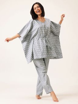 Clovia - Grey Cotton Printed Kaftan and Pyjama (Set of 2)