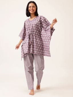 Clovia - Purple Cotton Printed Kaftan and Pyjama (Set of 2)