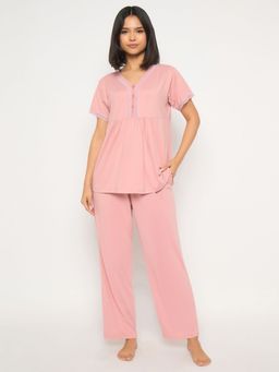 Clovia - Peplum Top and Pyjama In Light Pink (Set of 2)