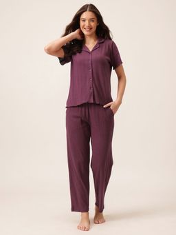 Clovia - Wine Cotton Solid Shirt and Pyjama (Set of 2)