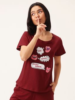 Clovia - Maroon Cotton Printed T-shirt
