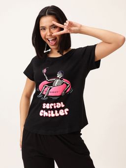 Clovia - Black Cotton Printed T-shirt